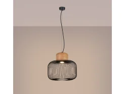 Discount Sollux Lighting Lámpara colgante Gabbia industrial de acero/madera - 1 fuentes luminosas - L.35 x A.183 cm - madera negra/natural Negro