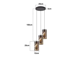 NETTLIFE Lámpara Suspendida-Lámpara colgante LED vintage de 3 luces, redonda, de cristal gris ahumado, 23 W, 3000 K, retro, ajustable, para mesa de comedor. Negro