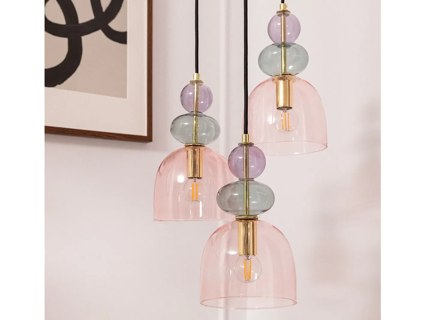 Ledkia Lámpara Colgante Metal y Cristal Tri Baudelaire Rosa Multicolor Best