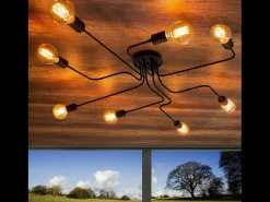 Sale Concept-Usine Lámpara colgante negra de metal ZOE con 8 fuentes de luz - Diseño moderno para salón o comedor Negro