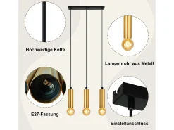 NETTLIFE Lámpara Suspendida-Lámpara colgante dorada de 3 bombillas - Lámpara colgante para mesa de comedor E27 Lámpara colgante industrial de metal Negro