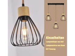 Sale NETTLIFE Lámpara colgante , estilo vintage industrial retro para salón, de madera y cuerda de cáñamo, en metal , 3 llamas, E27 Negro