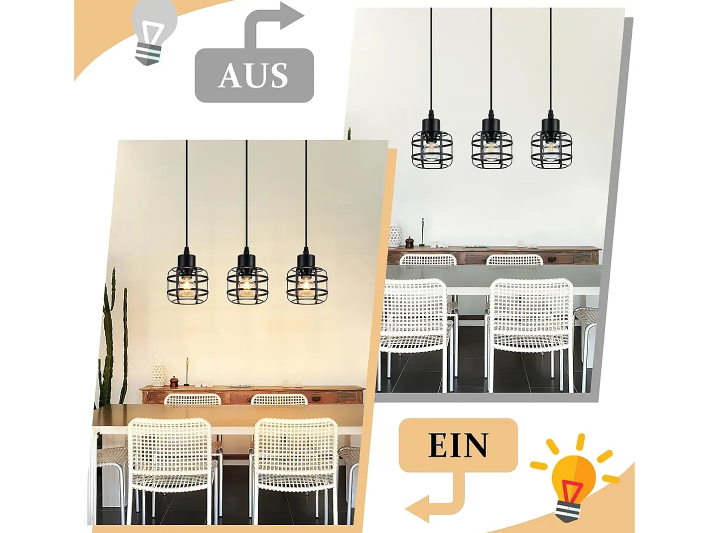 New NETTLIFE Lámpara colgante vintage de 3 luces - Lámpara de araña de metal E14 retro - Altura ajustable para comedor y sala de estar (bombillas no incluidas) Negro