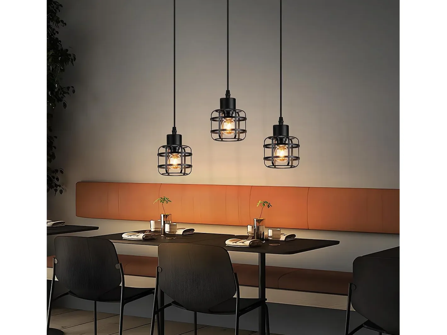 New NETTLIFE Lámpara colgante vintage de 3 luces - Lámpara de araña de metal E14 retro - Altura ajustable para comedor y sala de estar (bombillas no incluidas) Negro