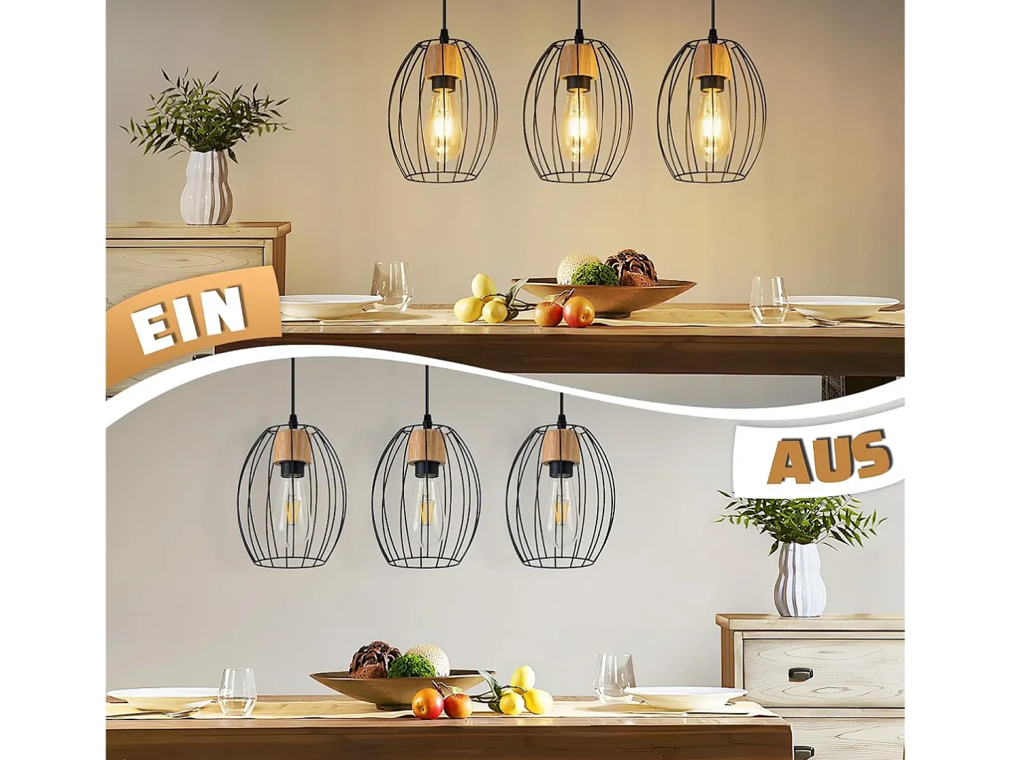 NETTLIFE Lámpara Suspendida-Lámpara colgante vintage para mesa de comedor: lámpara colgante de 3 luces, metal , casquillo E27, estilo retro (bombillas no incluidas). Negro