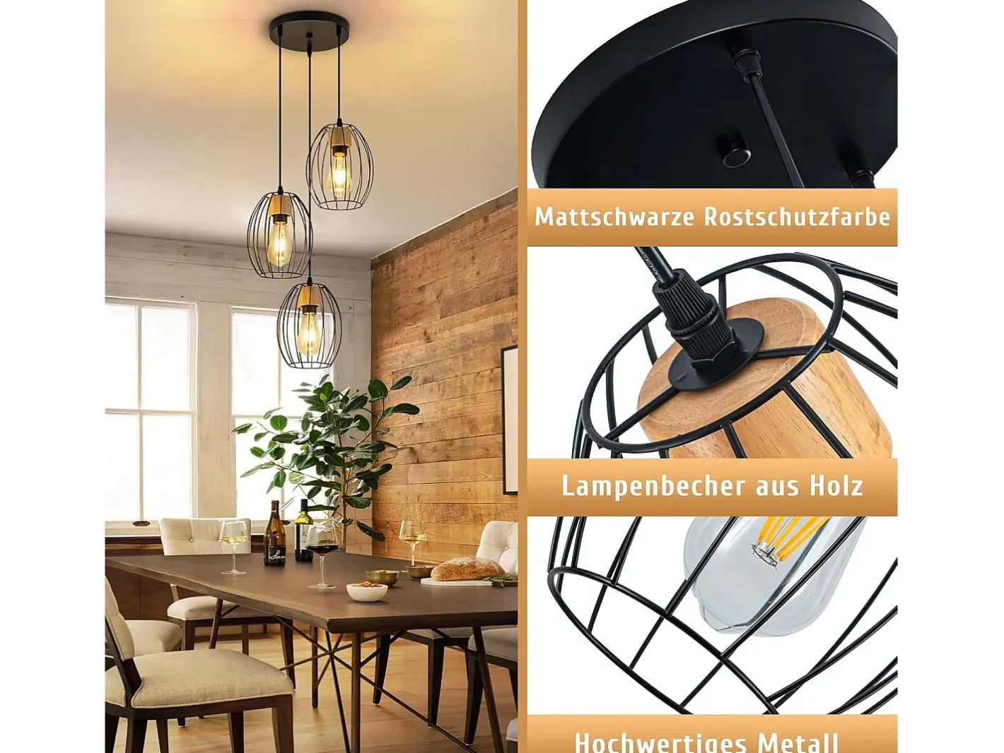 NETTLIFE Lámpara colgante vintage de 3 luces - Lámpara industrial de metal y madera negra, casquillo E27 - Cocina, comedor y sala de estar (bombillas no incluidas) Negro