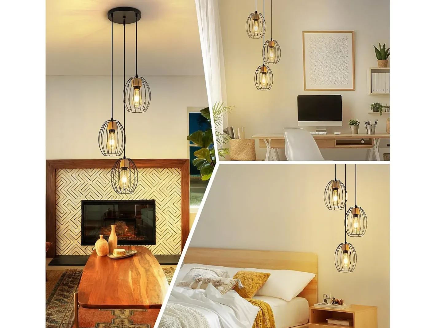 NETTLIFE Lámpara colgante vintage de 3 luces - Lámpara industrial de metal y madera negra, casquillo E27 - Cocina, comedor y sala de estar (bombillas no incluidas) Negro