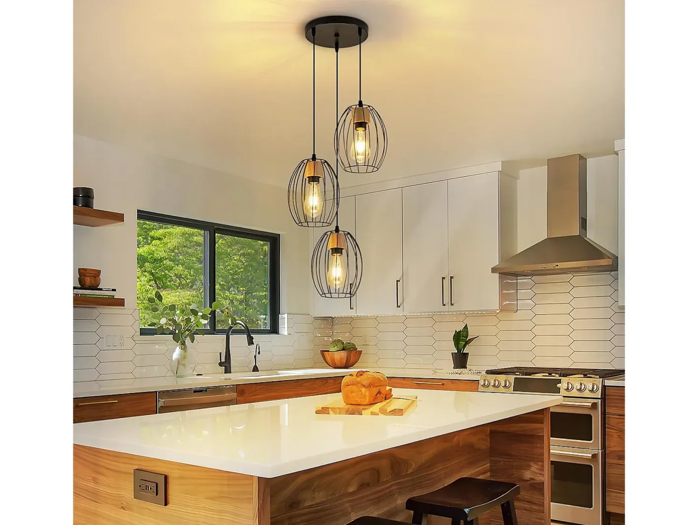 NETTLIFE Lámpara colgante vintage de 3 luces - Lámpara industrial de metal y madera negra, casquillo E27 - Cocina, comedor y sala de estar (bombillas no incluidas) Negro