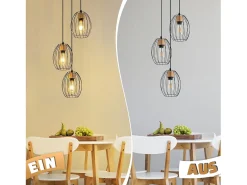 NETTLIFE Lámpara colgante vintage de 3 luces - Lámpara industrial de metal y madera negra, casquillo E27 - Cocina, comedor y sala de estar (bombillas no incluidas) Negro