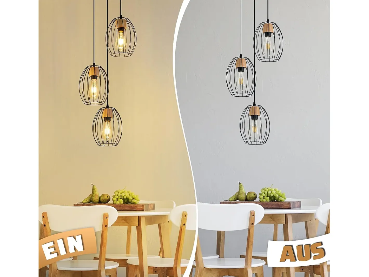 NETTLIFE Lámpara colgante vintage de 3 luces - Lámpara industrial de metal y madera negra, casquillo E27 - Cocina, comedor y sala de estar (bombillas no incluidas) Negro