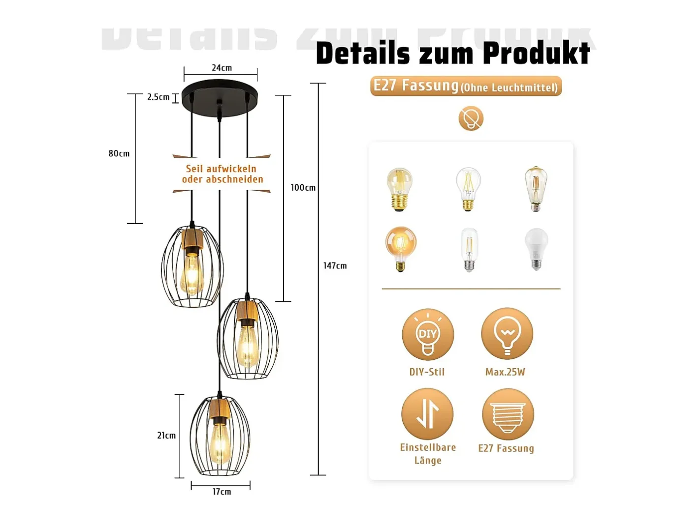 NETTLIFE Lámpara colgante vintage de 3 luces - Lámpara industrial de metal y madera negra, casquillo E27 - Cocina, comedor y sala de estar (bombillas no incluidas) Negro