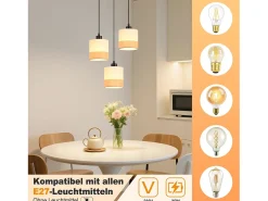 NETTLIFE Lámpara colgante vintage para mesa de comedor - Lámpara de araña de tela blanca de 3 luces E27, iluminación retro para salón (bombillas no incluidas) Blanco