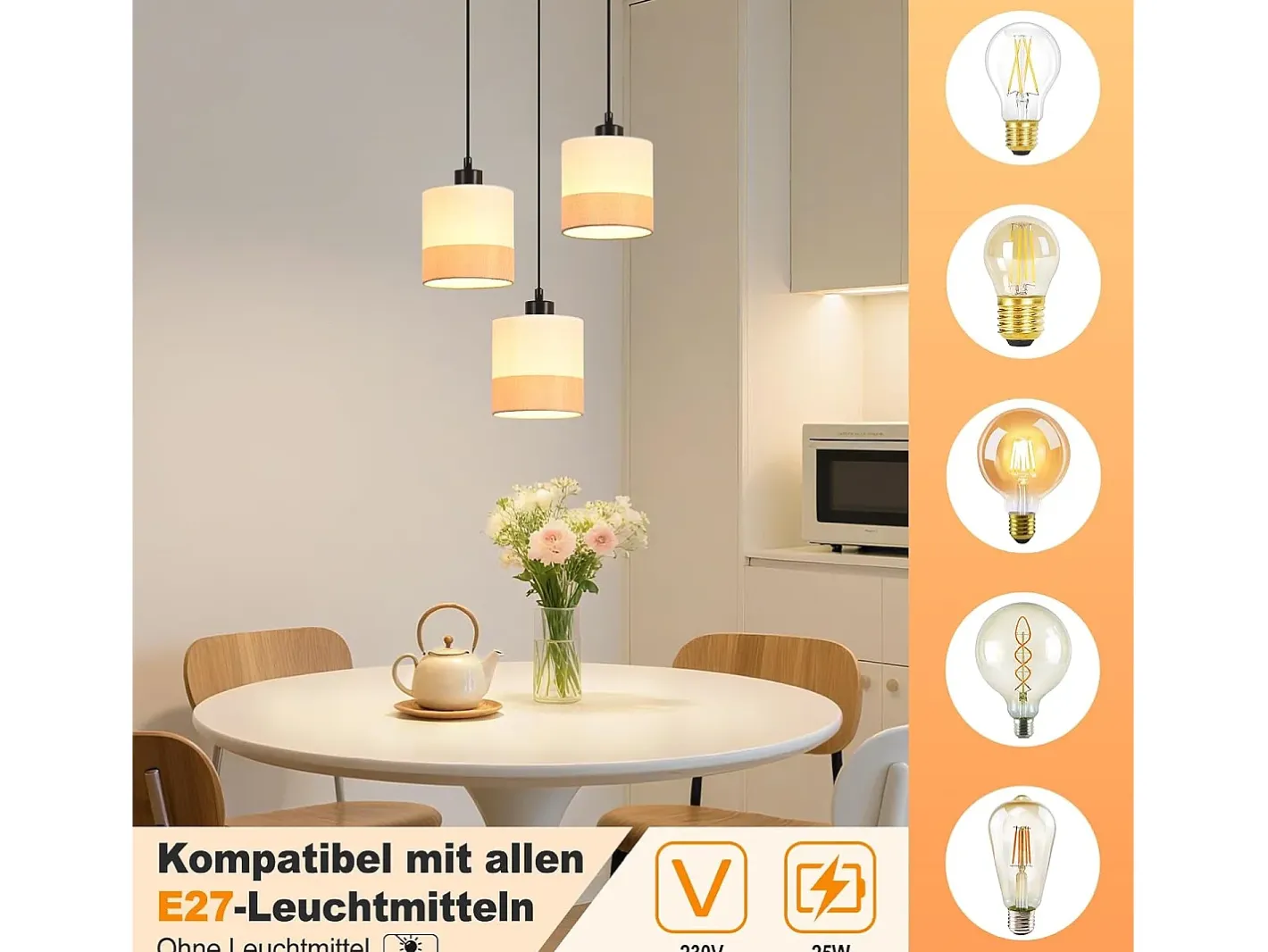 NETTLIFE Lámpara colgante vintage para mesa de comedor - Lámpara de araña de tela blanca de 3 luces E27, iluminación retro para salón (bombillas no incluidas) Blanco