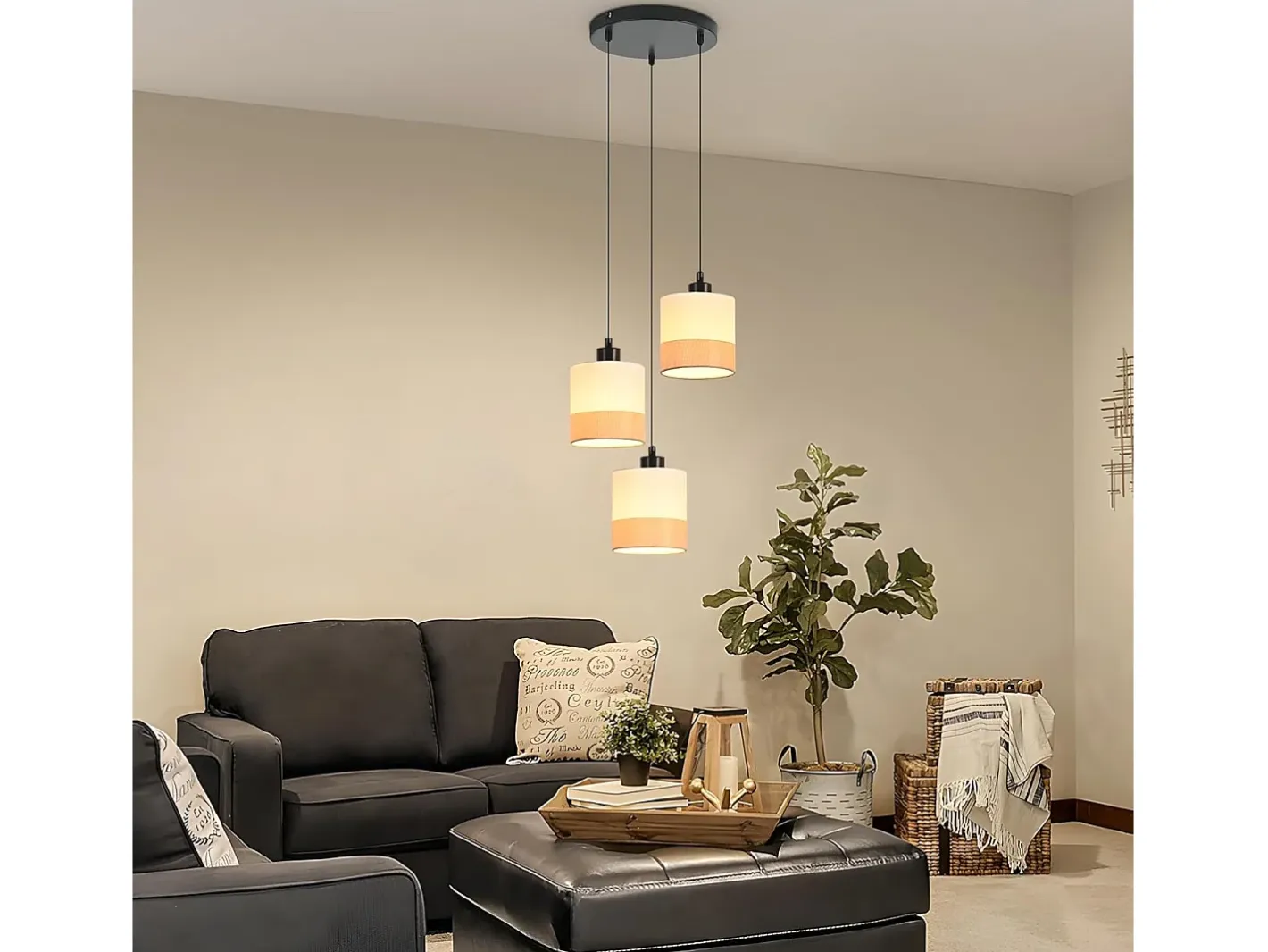 NETTLIFE Lámpara Suspendida-Lámpara colgante vintage para mesa de comedor: 3 luces, pantalla de tela blanca, casquillo E27, estilo retro (bombillas no incluidas) Amarillo