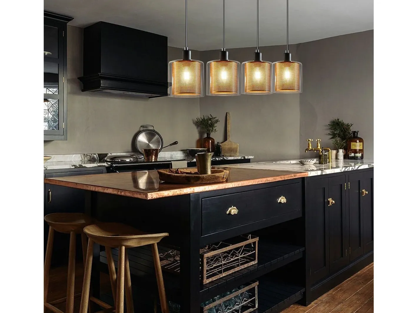 Outlet NETTLIFE Lámpara colgante vintage para salón dorada, 3 bombillas E14, cristal industrial, ALTURA REGULABLE Negro