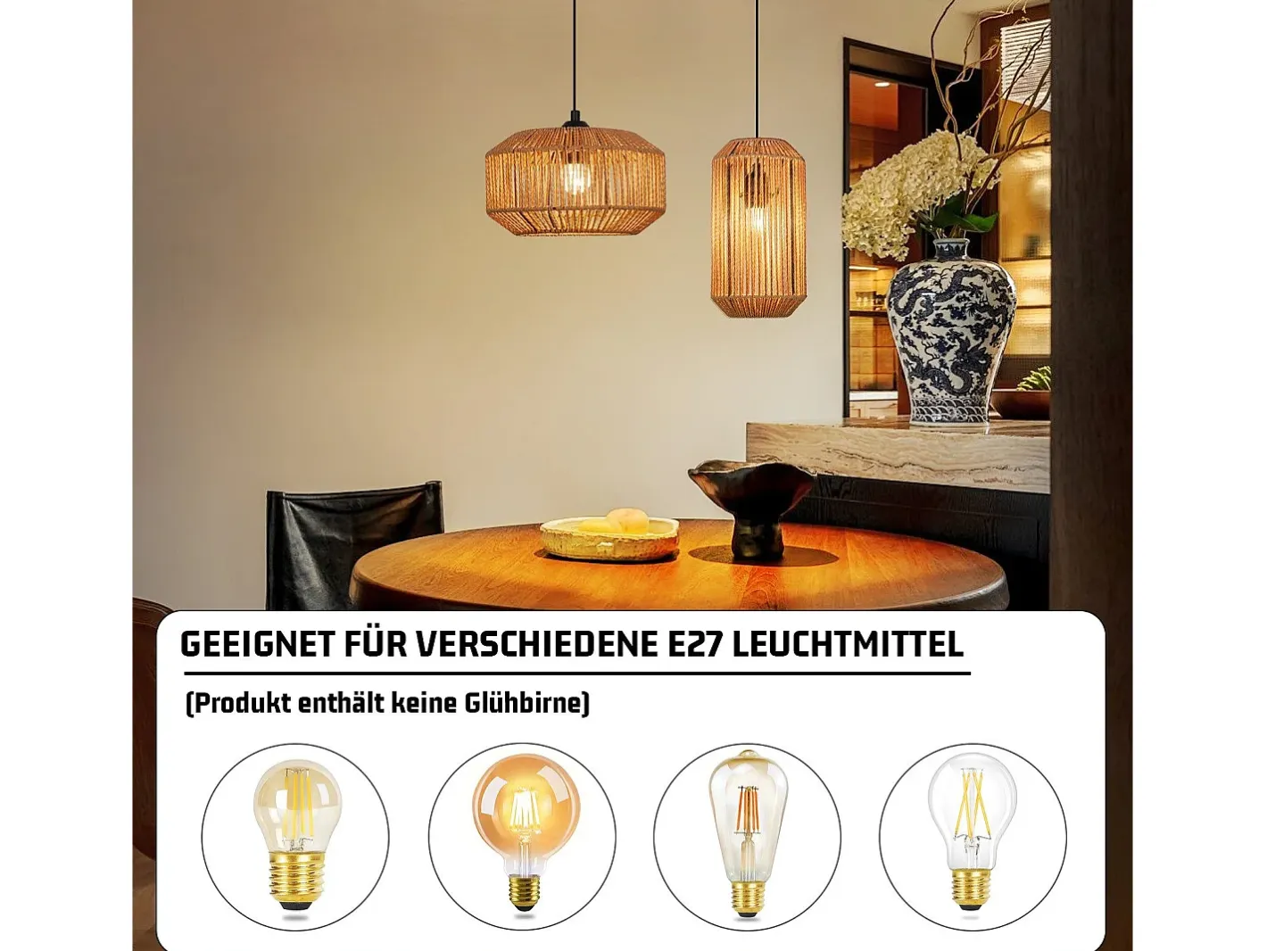 NETTLIFE Lámpara colgante vintage para mesa de comedor , diseño de farol de cuerda de cáñamo de 1 bombilla, E27, para comedor Negro Discount