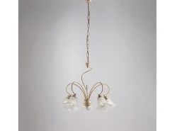 Hot Lámpara de araña Alice en hierro lacado con decoración. Difusores de oro antiguo y cristal d. 14 alabastro blanco 5 luces 106 Ø57 Marfil