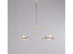 Lámpara Suspendida-Lámpara de araña Anemone en hierro lacado y dec. Efecto decapé con difusores cerámicos d. 30 blanco y marrón 2 luces L. 81 X 30 Marfil