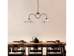 Lámpara Suspendida-Lámpara de araña Anemone en hierro lacado en negro y dec. Óxido con difusores cerámicos d. 30 blanco y marrón 2 luces L. 81 X 30 Marru00f3n chocolate
