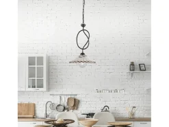 Lámpara Suspendida-Lámpara de araña Bistrot en hierro lacado en negro y decoraciones. Efecto óxido con difusor cerámico d. 30 blanco y marrón 1 luz 105 Ø30 Marru00f3n chocolate