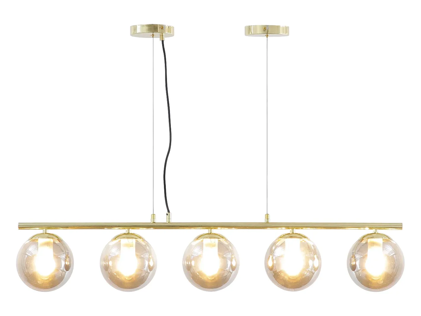 OZAIA Lámpara de araña de metal y cristal ahumado brillante 5 globos, L. 100 x Alt. 120 cm, Dorado, SOFIA Gris / Dorado New