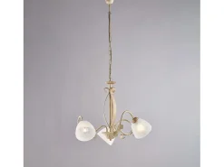 Lámpara Suspendida-Lámpara de araña forjada en hierro lacado con dec. Difusores de oro antiguo y cristal d. 13 alabastro blanco 5 luces 105 Ø64 Marfil