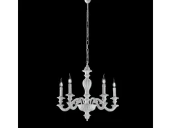 Lámpara Suspendida-Lámpara de araña Leonardo Shabby de madera blanca, 5 luces, 117 cm, Ø53 cm, BL180-5-BCO Blanco
