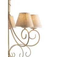 Lámpara de araña vienesa en hierro lacado con decoración. Oro antiguo y pantallas de lámparas d. 13 en pvc efecto tela de yute 5 luces 118 Ø60 Marfil