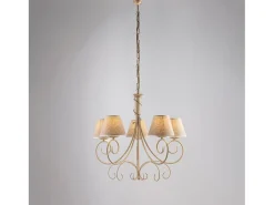 Lámpara de araña vienesa en hierro lacado con decoración. Oro antiguo y pantallas de lámparas d. 13 en pvc efecto tela de yute 5 luces 118 Ø60 Marfil