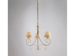 Lámpara de araña vienesa en hierro lacado con decoración. Oro antiguo y pantallas de lámparas d. 13 en PVC efecto tela de yute 3 luces 118 Ø52 Marfil Outlet