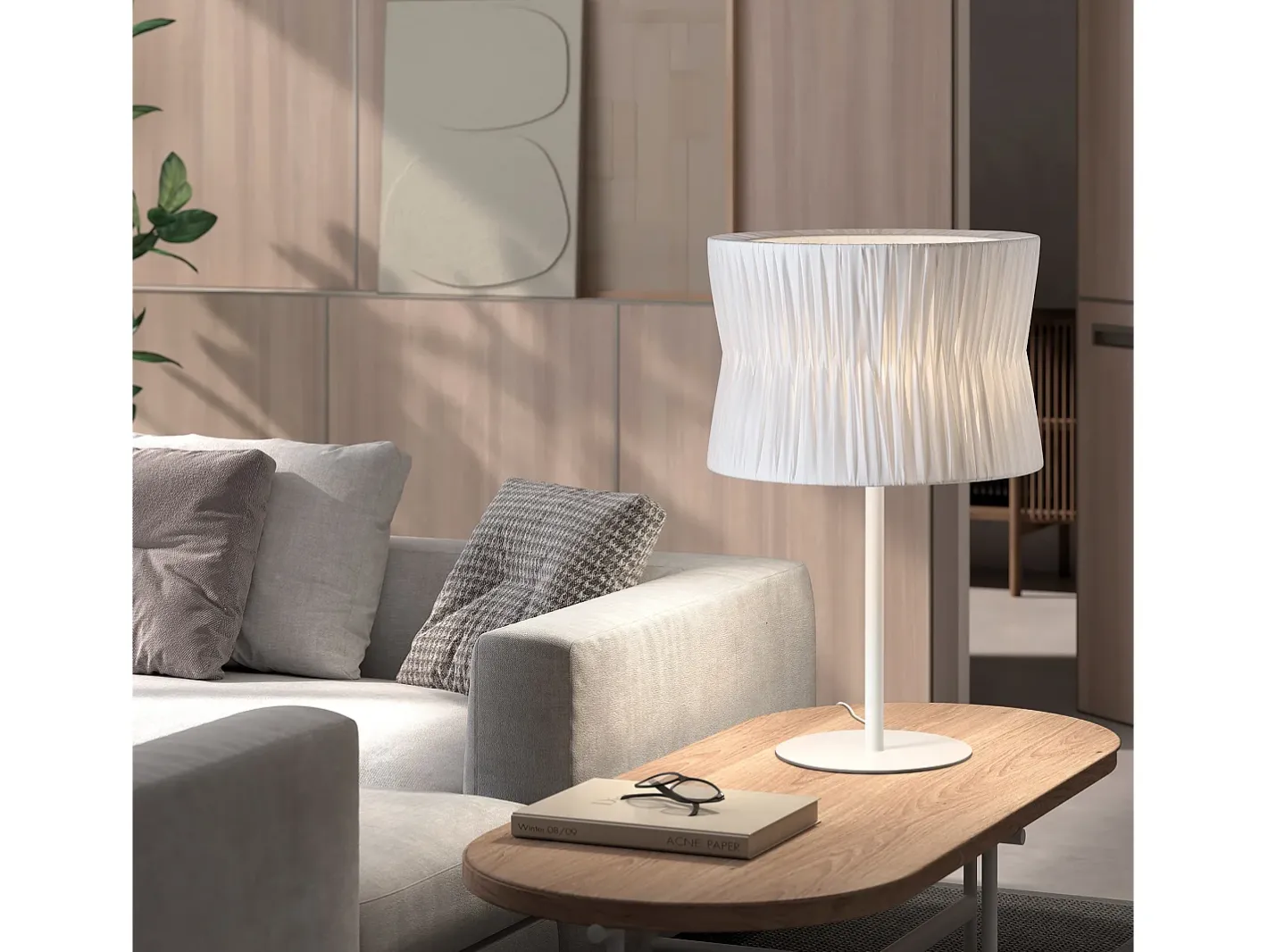 Lámpara de mesa CORA estilo clásico - Alt. 54 cm - E27 40W - pantalla cinta plisada ø38,5 cm - cable 2 mts - on&off - acero y - IP20 Blanco Sale