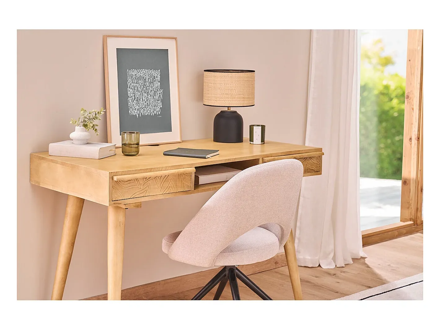 New Miliboo Lámpara de mesa de cerámica negra con pantalla de rafia 35 cm ROCHA Negro