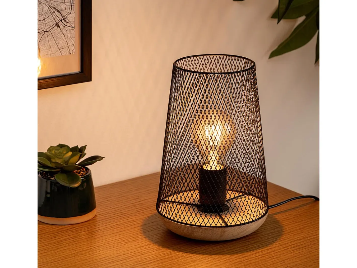 Atmosphera Lámpara de mesa de rejilla y madera Negro Outlet