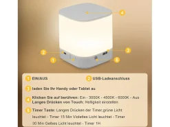 NETTLIFE Lámpara De Mesa-Lámpara de mesa LED con batería de 1800 mAh, regulable al tacto, 3000-6500 K, USB, 3 temperaturas de color y función de temporización Blanco