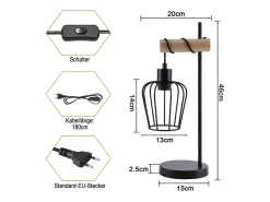 Sale NETTLIFE Lámpara de mesa para salón, lámpara de mesa vintage de madera: lámpara de noche negra, 1 luz, diseño industrial, metal, casquillo E27 sin bombilla Marru00f3n