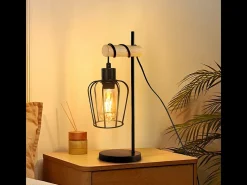 Sale NETTLIFE Lámpara de mesa para salón, lámpara de mesa vintage de madera: lámpara de noche negra, 1 luz, diseño industrial, metal, casquillo E27 sin bombilla Marru00f3n