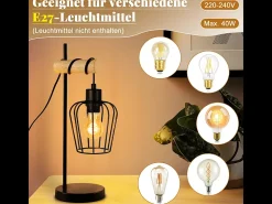Sale NETTLIFE Lámpara de mesa para salón, lámpara de mesa vintage de madera: lámpara de noche negra, 1 luz, diseño industrial, metal, casquillo E27 sin bombilla Marru00f3n
