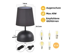 NETTLIFE Lámpara De Mesa-Lámpara de mesita de noche , juego de 2, cable , tela pequeña, diseño moderno Negro