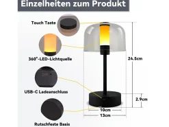 Best NETTLIFE Lámpara de noche LED regulable a batería - Lámpara de mesa inalámbrica recargable por USB-C (1800-6500 K) negra con función de memoria Negro