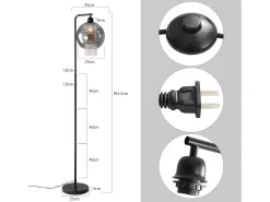 NETTLIFE Lámpara De Pie-Lámpara de pie de interior de 1 llama E27, lámpara de pie de cristal gris ahumado grande para sofá de oficina Negro