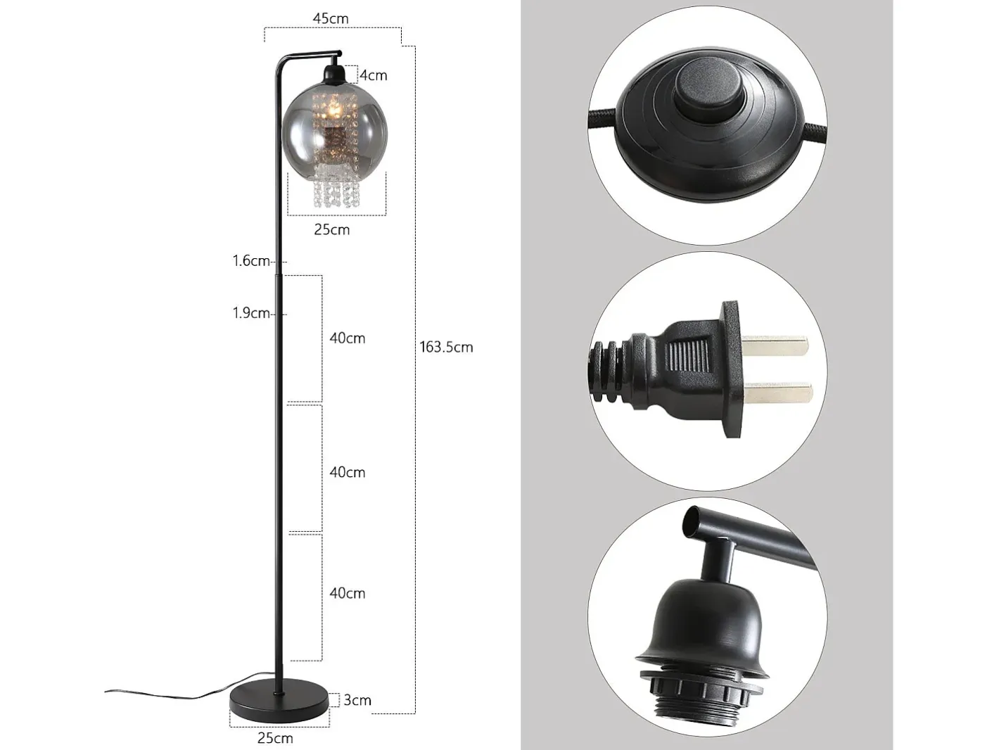NETTLIFE Lámpara De Pie-Lámpara de pie de interior de 1 llama E27, lámpara de pie de cristal gris ahumado grande para sofá de oficina Negro