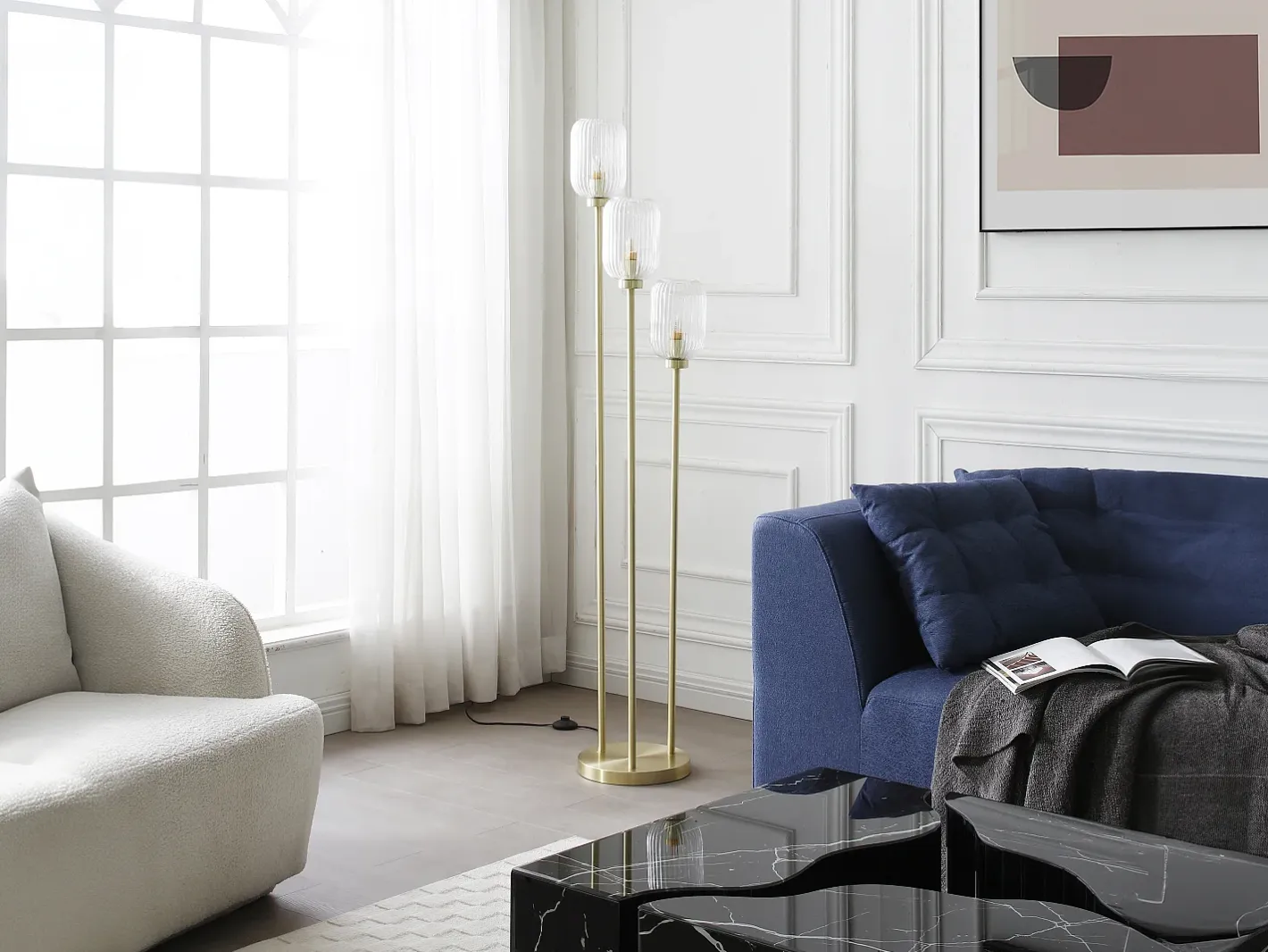 OZAIA Lámpara de pie de metal y cristal acanalado - 3 globos - D. 30 x H. 161 cm - Oro - LOUXOR Dorado Clearance