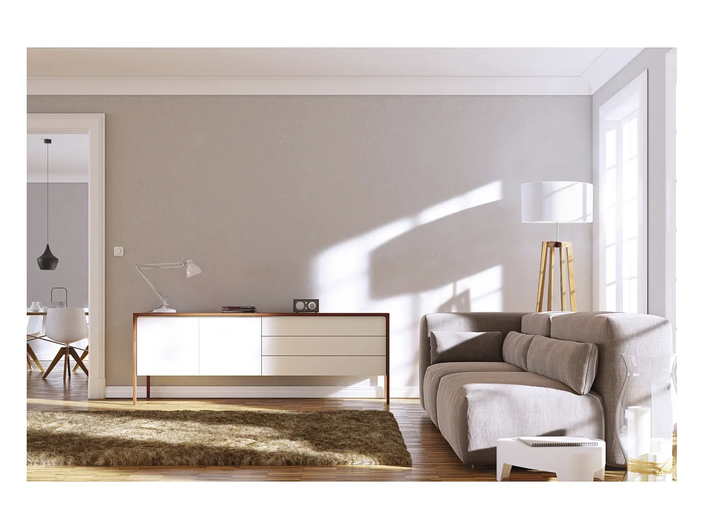 Lámpara de pie KARA estilo moderno y clásico -Alt. 158 cm x D. ø45 cm- E27 60W - cable 2 mts - on&off - IP20 - madera - acero y algodón blanco Marru00f3n
