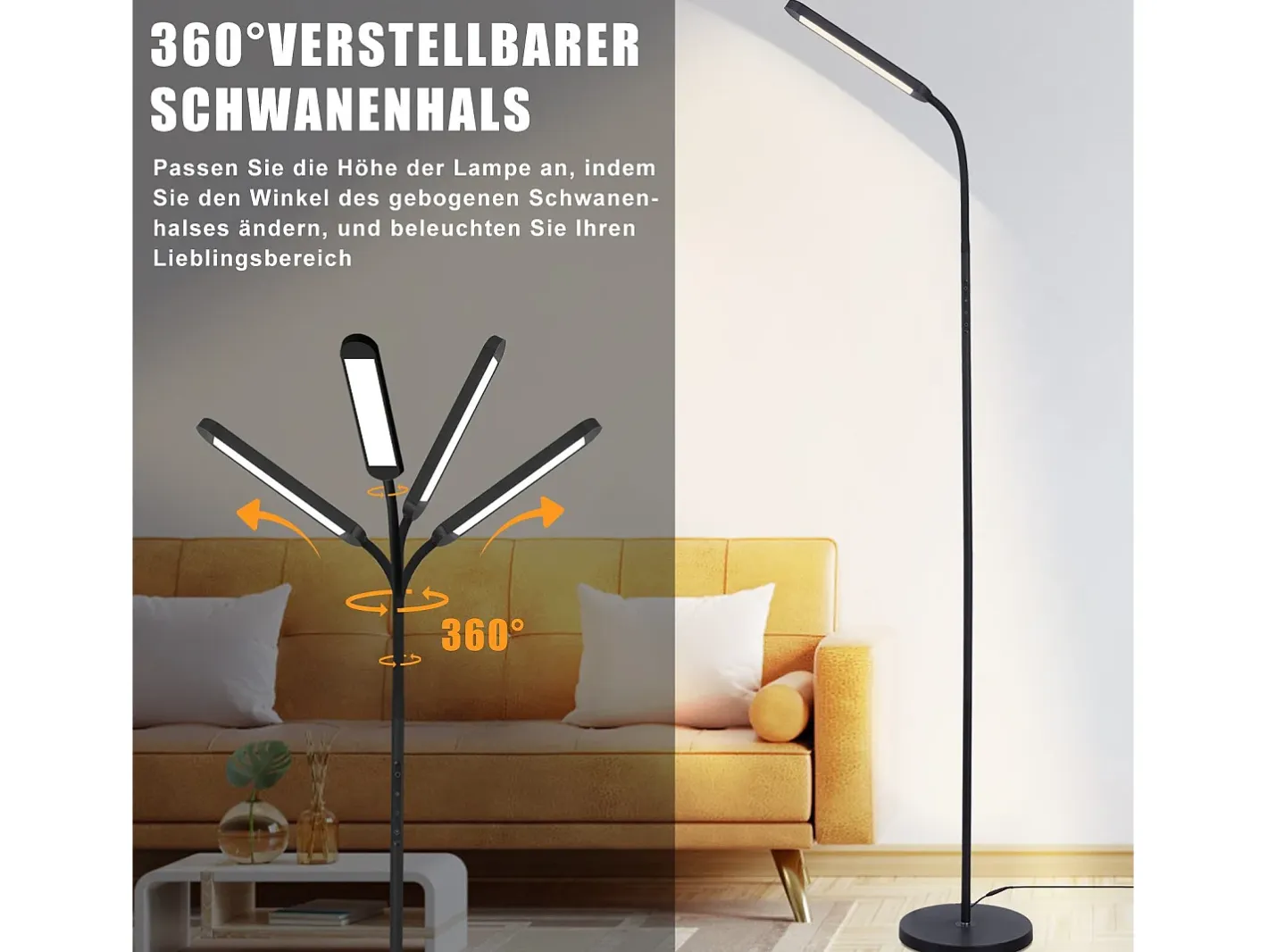 NETTLIFE Lámpara de pie LED para sala de estar, regulable, color , 11 W, flexible, 360°, para sofá Negro Online
