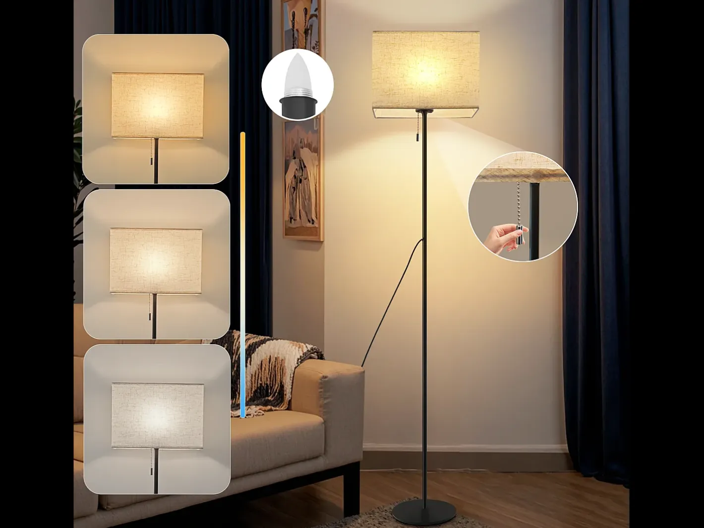 Outlet NETTLIFE Lámpara de pie LED regulable con pantalla de tela retro para sala de estar, con interruptor de tiro Negro