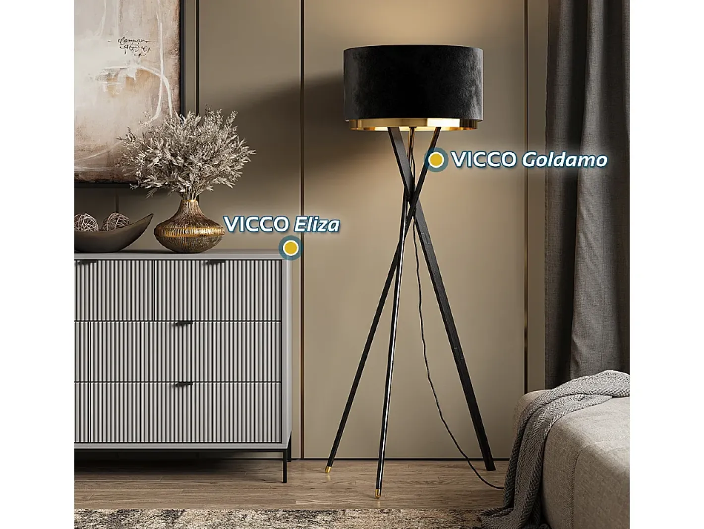 Vicco Lámpara De Pie-Lámpara de pie 50x50x154 goldamo Negro