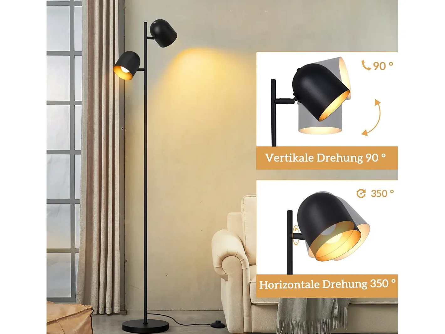 NETTLIFE Lámpara de pie 2 bombillas de metal dorado E14 Lámpara de pie industrial retro Negro Discount