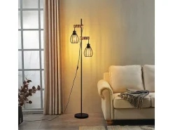 Outlet NETTLIFE Lámpara de pie para salón, color : lámpara de pie industrial de metal y madera, E27, 2 luces, pantalla de jaula, 152 cm (sin bombilla). Negro
