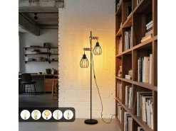 Outlet NETTLIFE Lámpara de pie para salón, color : lámpara de pie industrial de metal y madera, E27, 2 luces, pantalla de jaula, 152 cm (sin bombilla). Negro