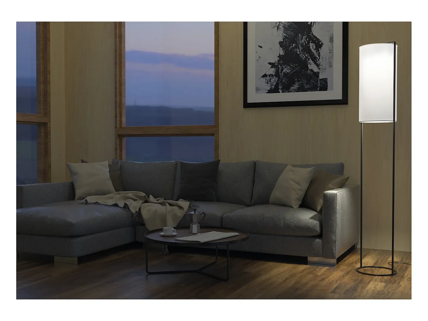 Lámpara de pie SINTRA estilo moderno - Alt. 164 cm - E27 40W - pantalla ø28 cm- cable 2 metros - on&off - acero y algodón - Negro